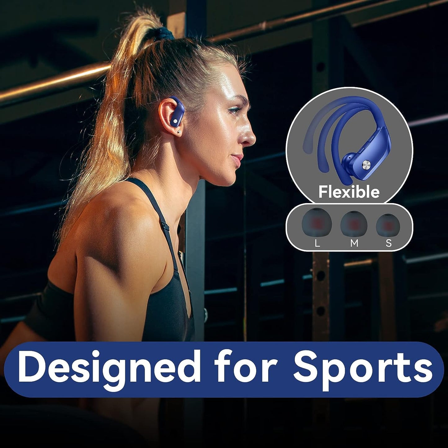 GM T16 running earbuds Wireless Earbuds Bluetooth Headphones 48hrs Play Back Sport Earphones with LED Display Over-Ear Buds with Earhooks Built-in Mic Headset for Workout Blue