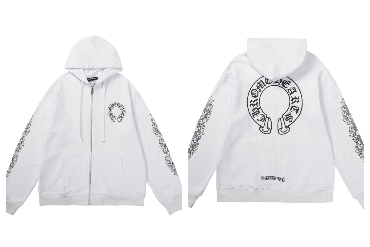 CH Autumn Winter New Cross Scroll Simple Classic Hooded Sweatshirt Zipper Pure Cotton Jacket