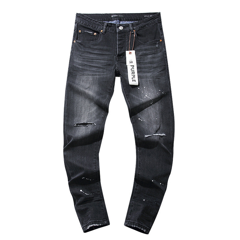 Jeans Washed and Distressed Retro Tattered Jeans Splash Ink Ruffle Handsome and Beautiful Style(2)