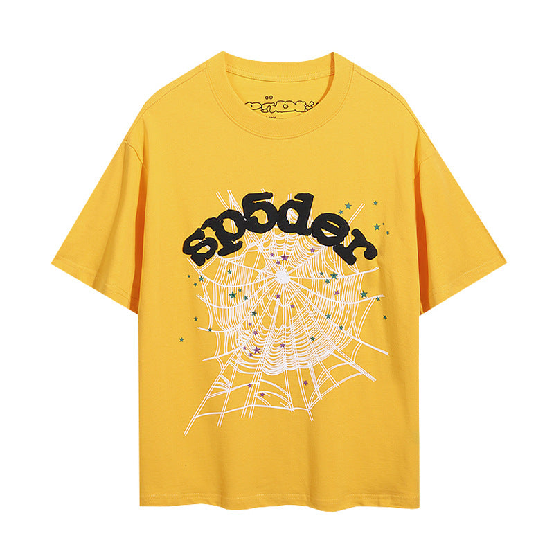 2024 New European and American Fashion Brand Male and Female Couples Wear plus Size Loose SP5-Der Spider Web Printed Short Sleeve T-shirt