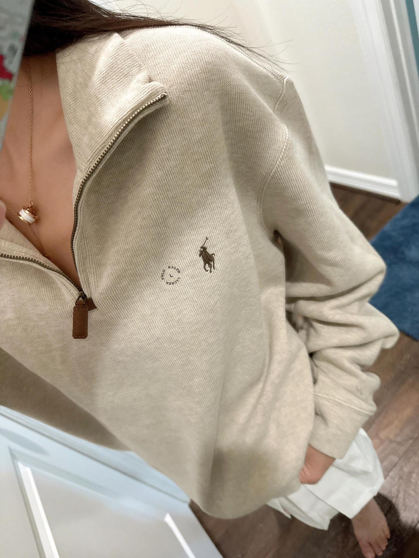 RL Ralph Pony Label Retro Couple Sweatshirt Women Long Sleeve Sweatshirt Men Polo Half Zipper Turn-down Collar Loose American Style