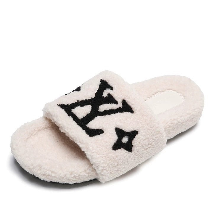 GMabcd Furry Slippers for Women, Outdoor Wear, 2024 New Style, High-End Feel, Lamb Wool, Fashionable, Versatile, Thick Sole, Non-Slip, Warm