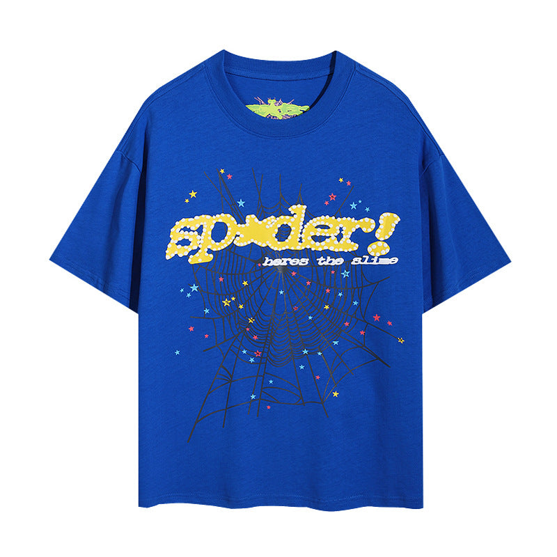 2024 New European and American Fashion Brand Male and Female Couples Wear plus Size Loose SP5-Der Spider Web Printed Short Sleeve T-shirt