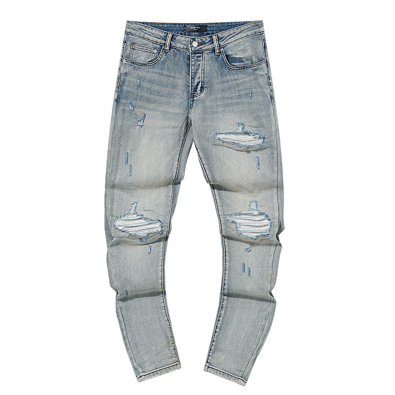 Jeans Washed and Distressed Retro Tattered Jeans Splash Ink Ruffle Handsome and Beautiful Style(2)