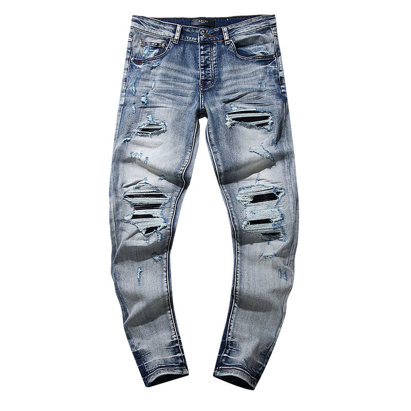 Jeans Washed and Distressed Retro Tattered Jeans Splash Ink Ruffle Handsome and Beautiful Style(2)