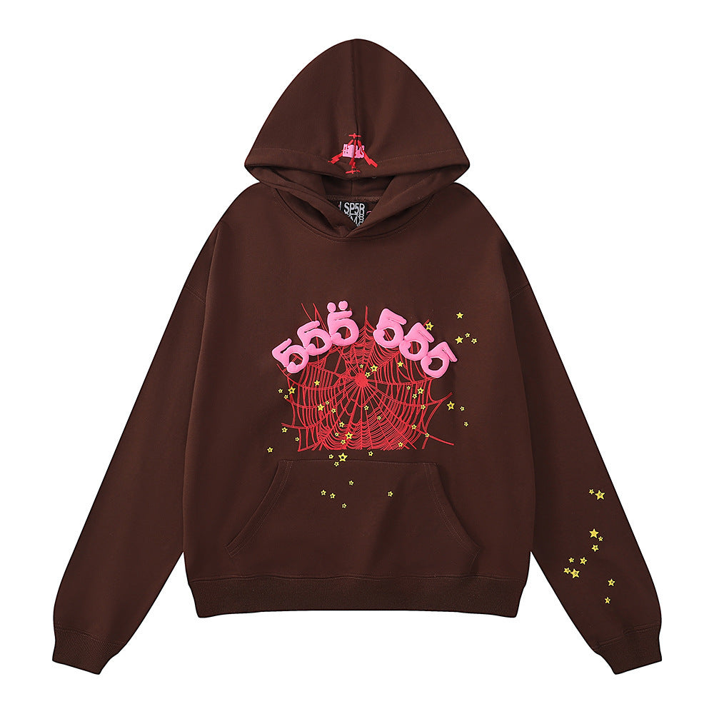Beautiful Fashion Brand Men's and Women's Same Style 555555 Cobweb Puff Print Hip Hop Loose Heavy Terry Hooded Sweater Set(NO  Fleece Lined)