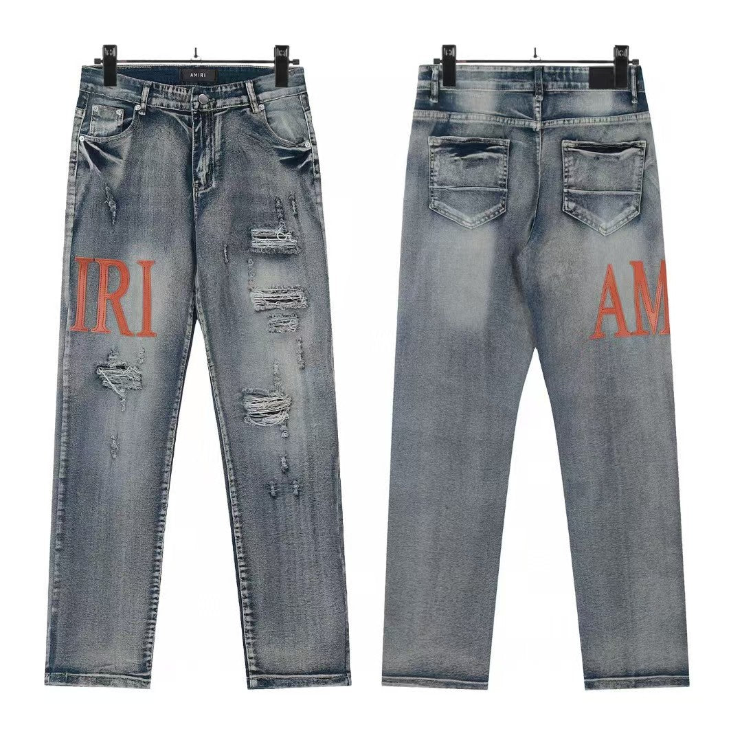 Cross-Border Foreign Trade AM American High Street Ripped Patch Letter Embroidery Washed Slim Straight Skinny Jeans Long Pants