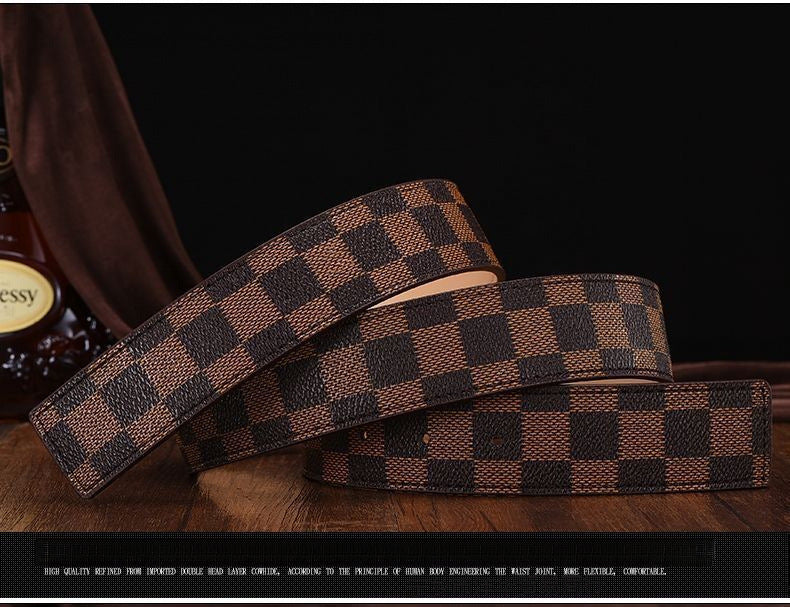 New Men's Belt Smooth Buckle Waist Belt Letter Youth Plaid Pattern Belt Korean Style Trendy Casual Versatile