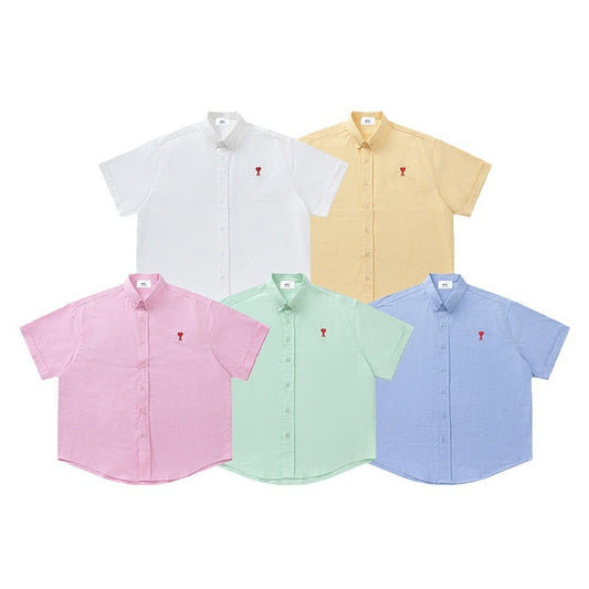 Trendy Brand Am* Small Heart Embroidered Shirt Casual Loose Fit Unisex Couple Style Amy Cotton Long Sleeve Top(2)
