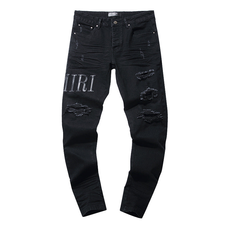 Jeans Washed and Distressed Retro Tattered Jeans Splash Ink Ruffle Handsome and Beautiful Style(2)