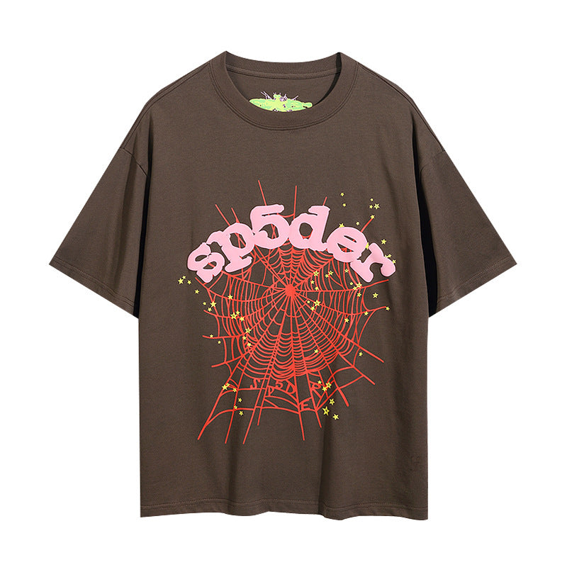 2024 New European and American Fashion Brand Male and Female Couples Wear plus Size Loose SP5-Der Spider Web Printed Short Sleeve T-shirt