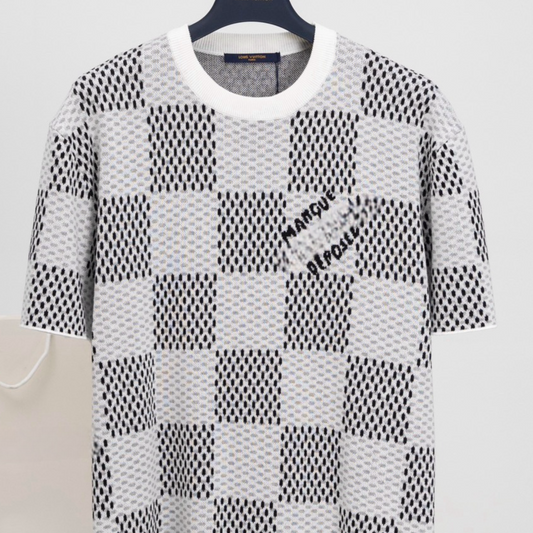 2025 Spring/Summer Show Collection! Chessboard Pattern Knitted Jacquard Short Sleeve Shirt, with Damier Design - A Must-Have Eye-Catching T-SHIRT Short Sleeve Shirt!