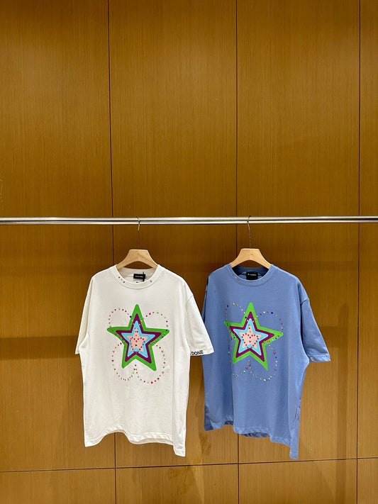 Teddy bear-shaped colorful star rhinestone letter round neck loose short sleeve T-shirt for men and women P63