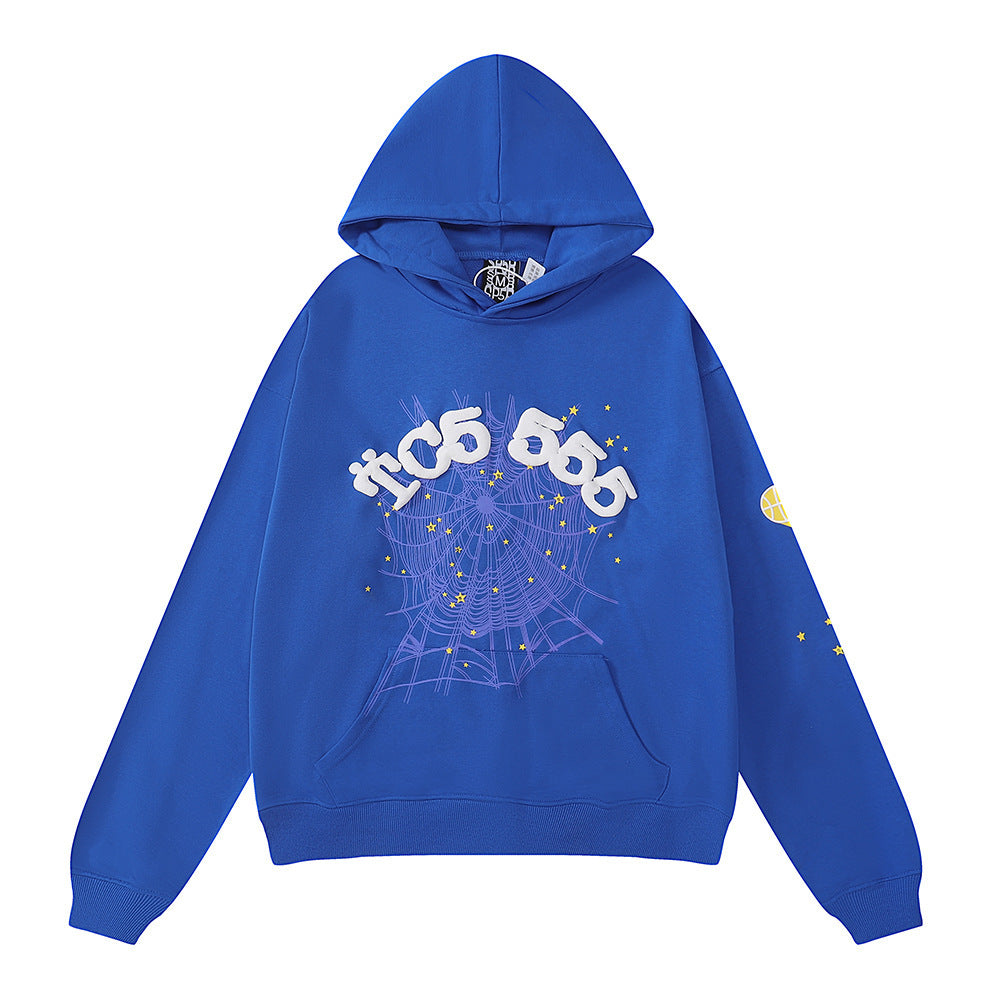 Beautiful Fashion Brand Men's and Women's Same Style 555555 Cobweb Puff Print Hip Hop Loose Heavy Terry Hooded Sweater Set(NO  Fleece Lined)