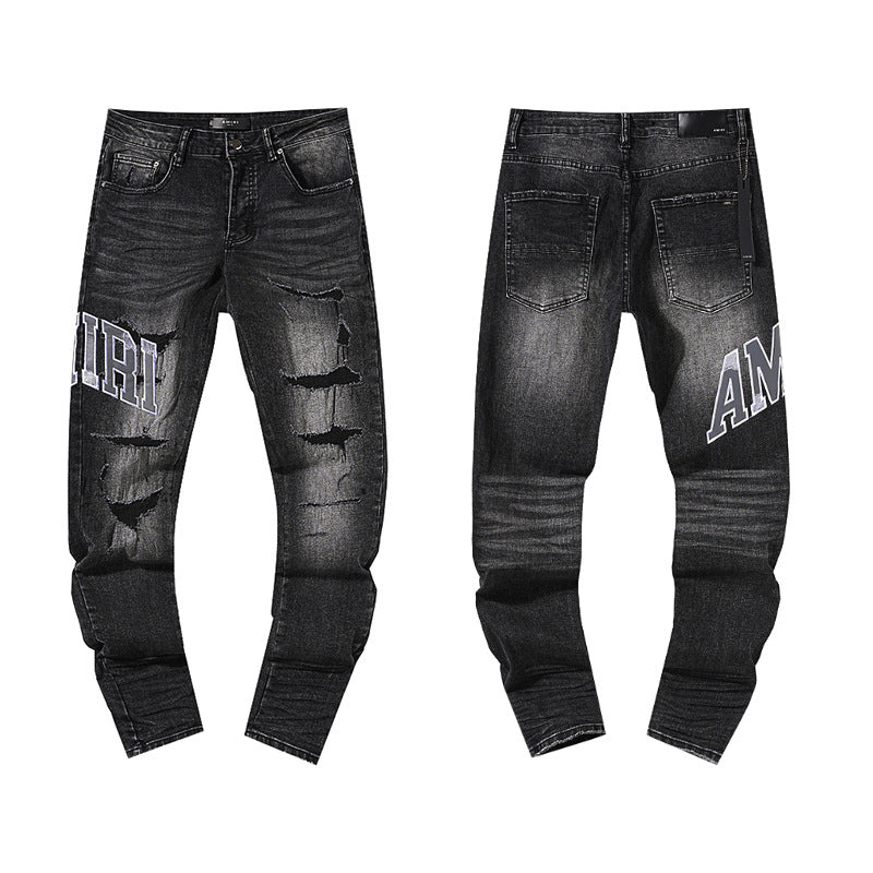 Jeans Washed and Distressed Retro Tattered Jeans Splash Ink Ruffle Handsome and Beautiful Style(2)