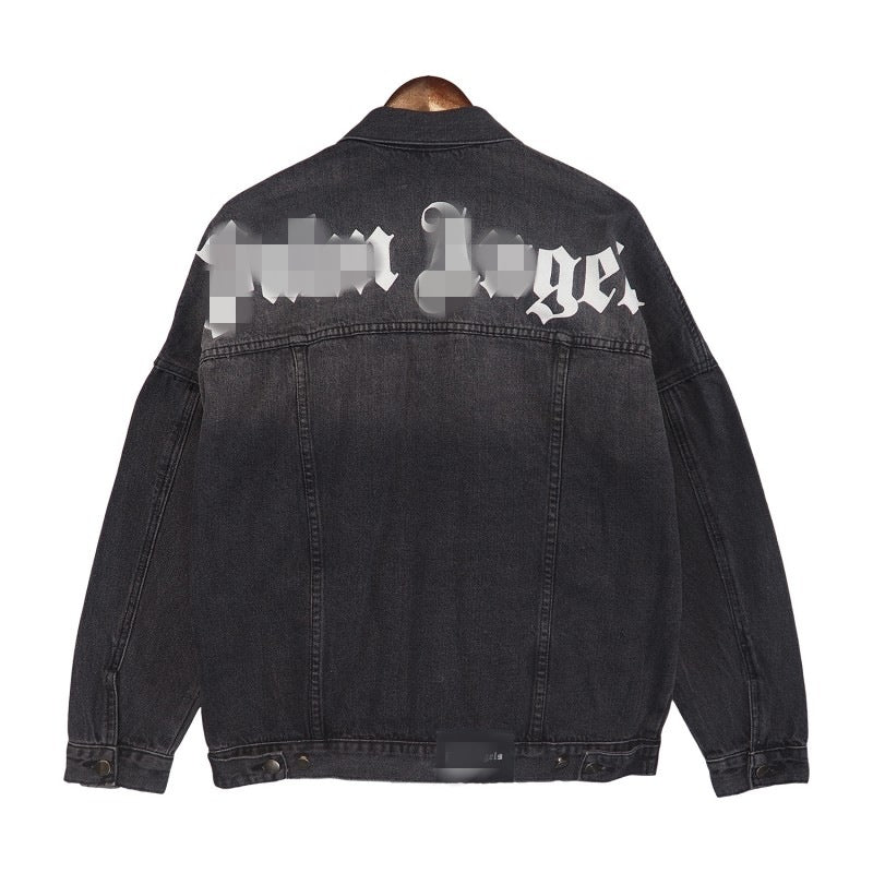 PA Trendy Brand Denim Jacket with Large Letter Logo and Palm Tree Design for Couples