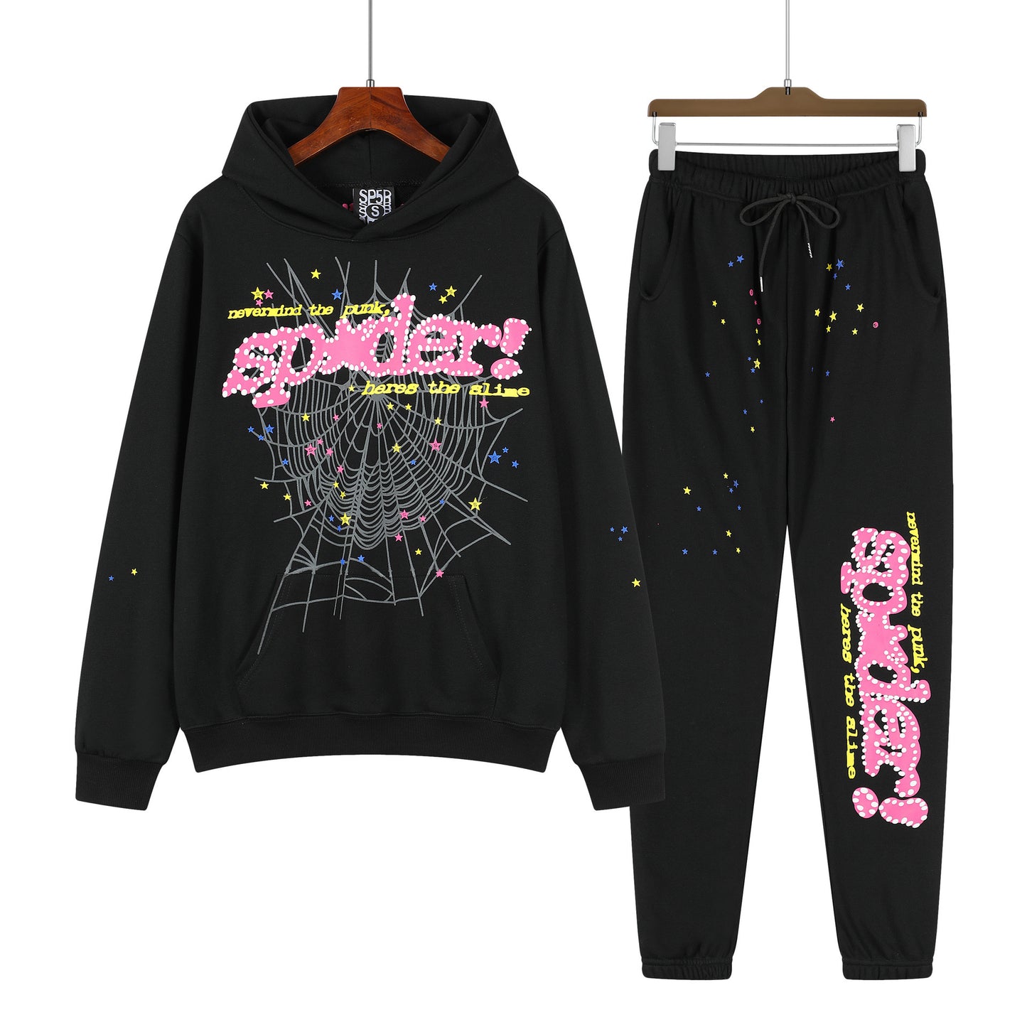 Beautiful Fashion Brand Men's and Women's Same Style 555555 Cobweb Puff Print Hip Hop Loose Heavy Terry Hooded Sweater Set(NO  Fleece Lined)