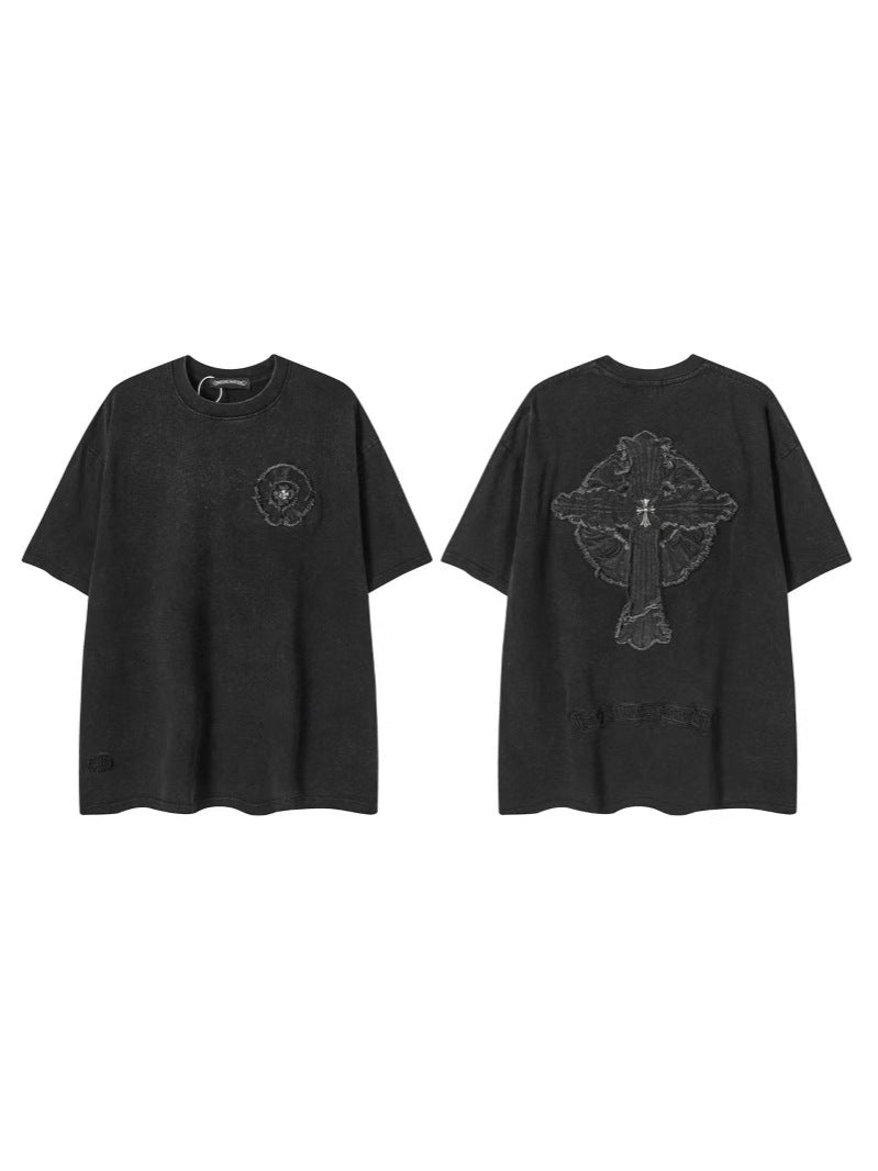 2025 New CHRM Heart Cross Sanskrit Patch Print Embroidery Loose Short Sleeve for Men and Women