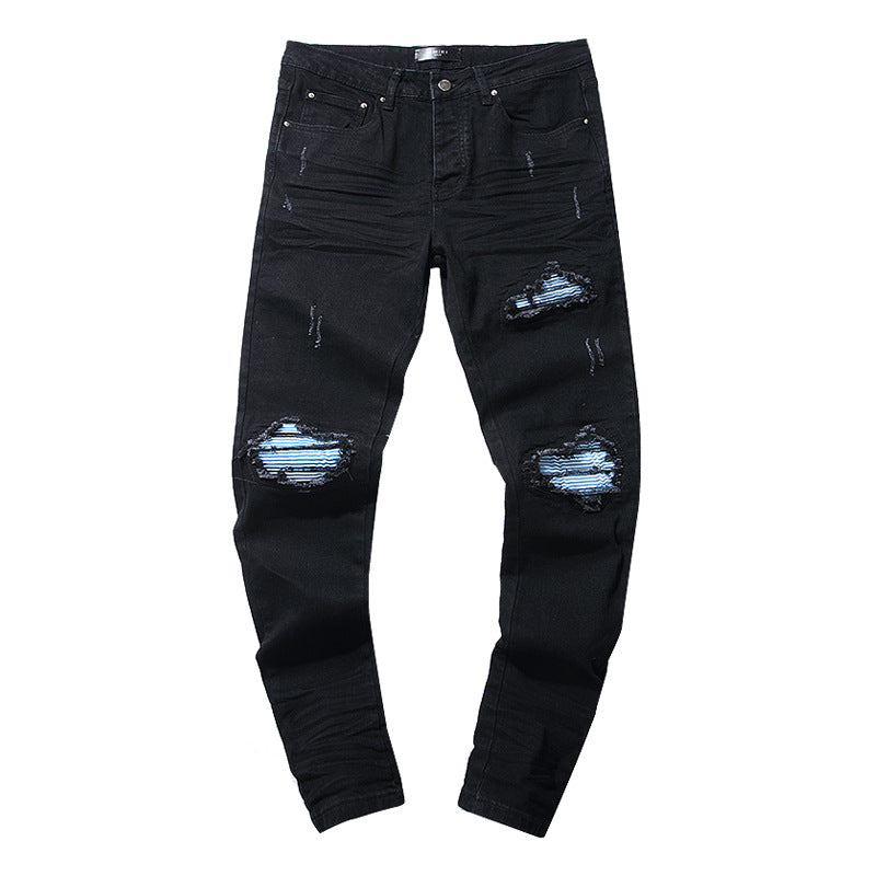Jeans Washed and Distressed Retro Tattered Jeans Splash Ink Ruffle Handsome and Beautiful Style(2)