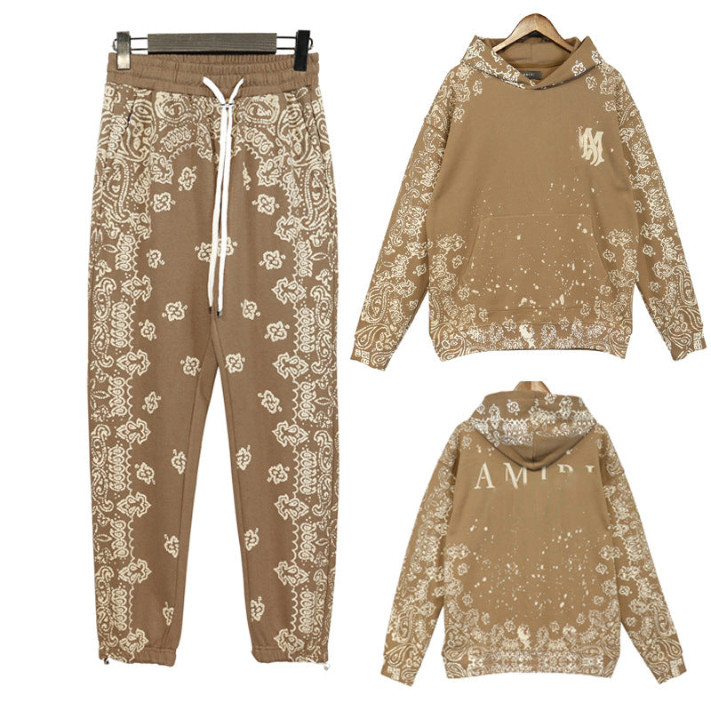 Hooded Sweatshirt Cashew Hoodie Floral Loose Pants Unisex Retro Sports Set Casual Pants Trend