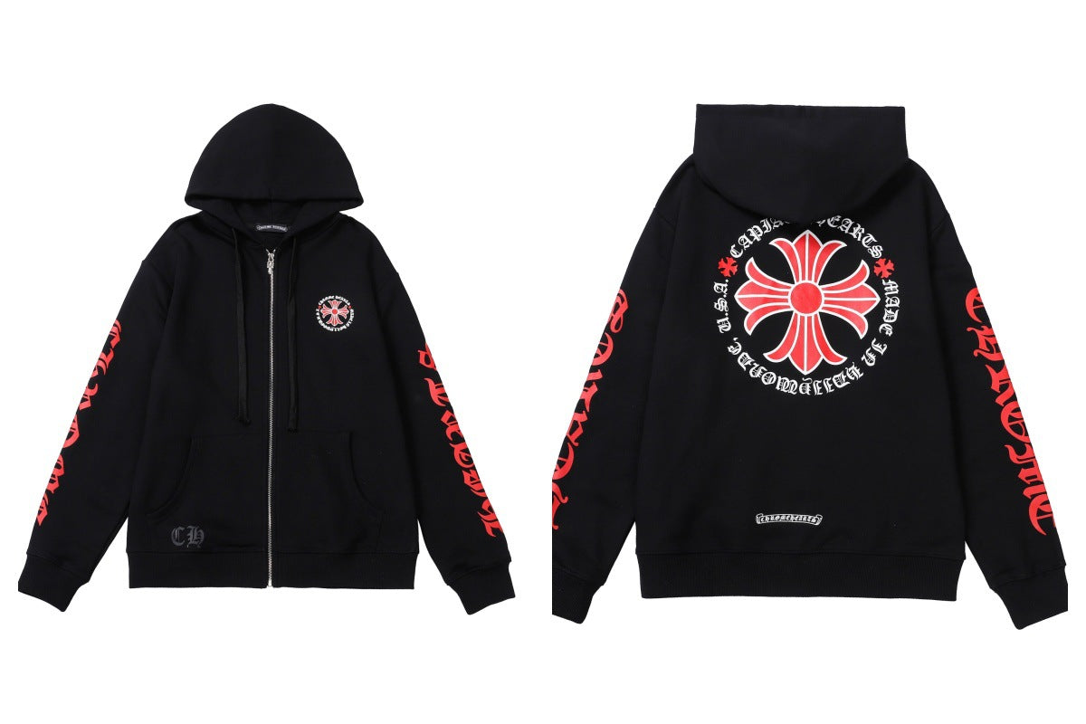 CH Autumn Winter New Cross Scroll Simple Classic Hooded Sweatshirt Zipper Pure Cotton Jacket