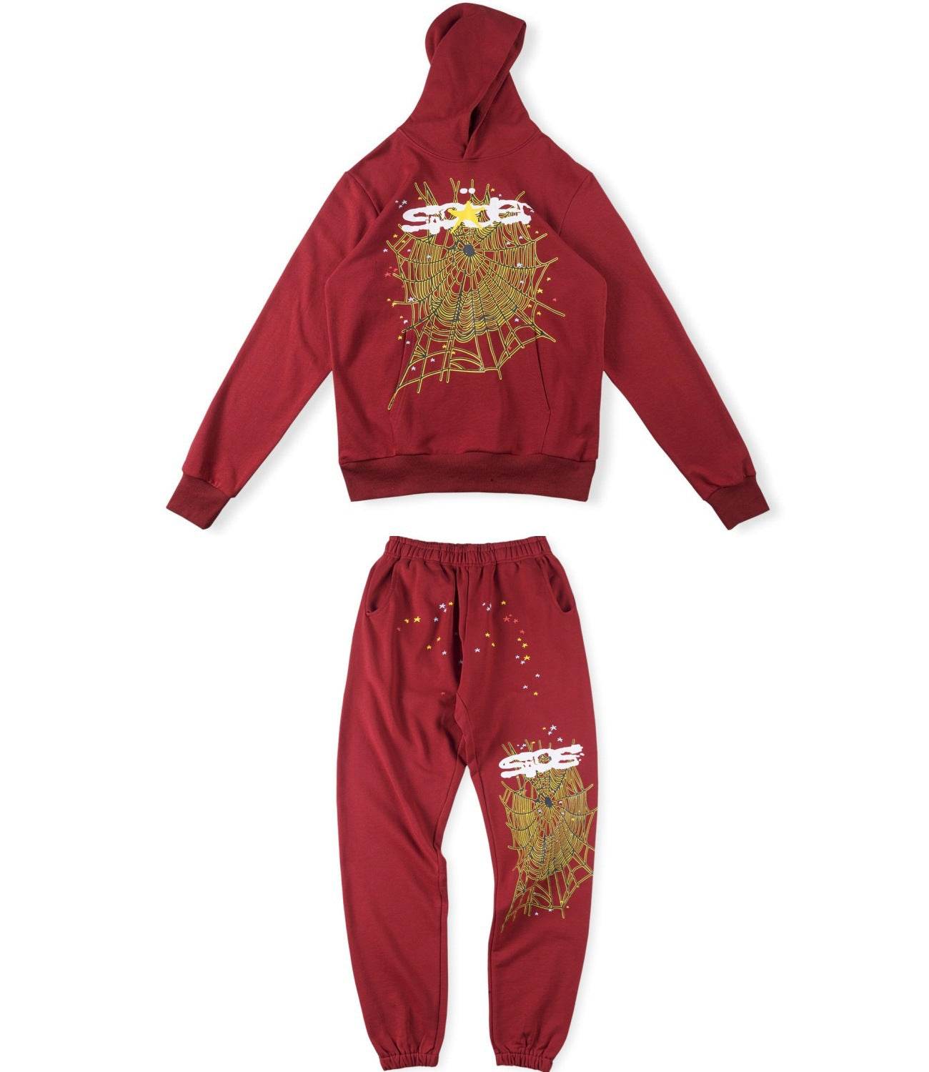 Beautiful Fashion Brand Men's and Women's Same Style 555555 Cobweb Puff Print Hip Hop Loose Heavy Terry Hooded Sweater Set(NO Fleece Lined)