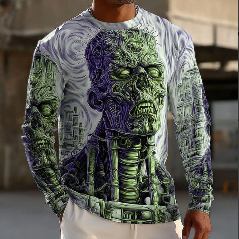 GMABCD Men's Skull Graphic Long-Sleeve T-Shirt – Halloween Print Crewneck