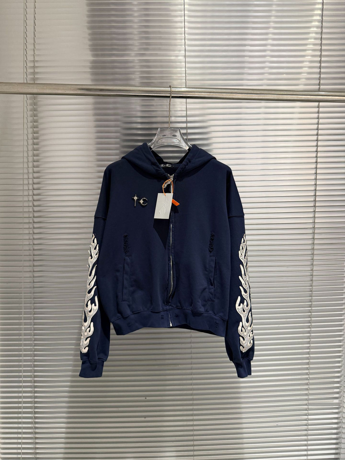 GMABCD Unisex Distressed Embroidered Zip-Up Hoodie – Relaxed Streetwear Jacket