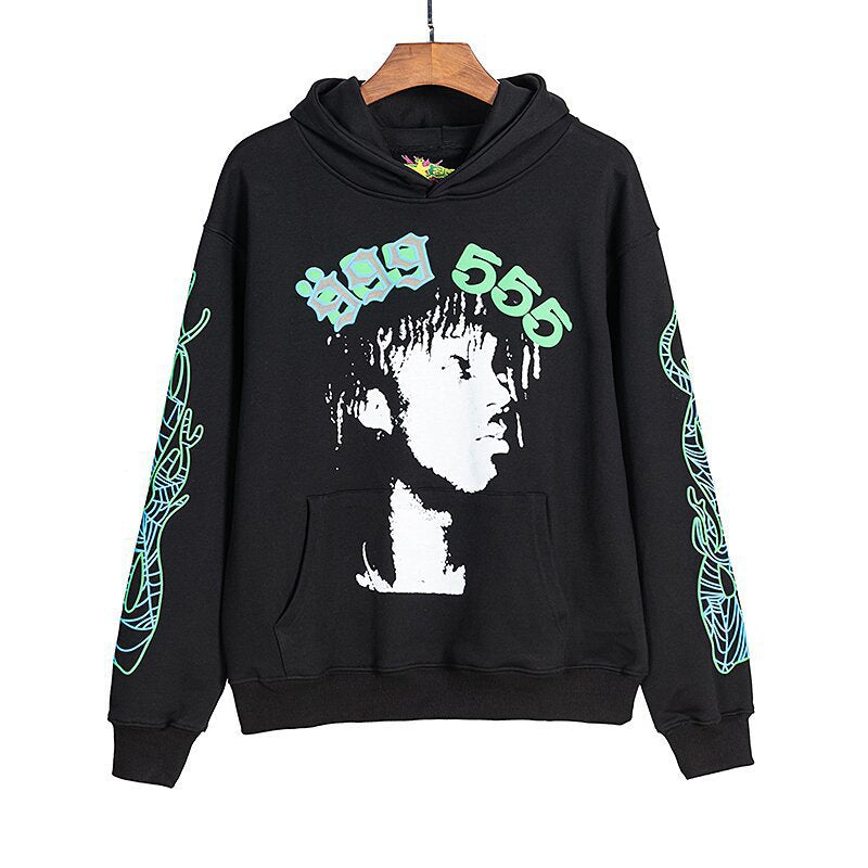 Beautiful Fashion Brand Men's and Women's Same Style 555555 Cobweb Puff Print Hip Hop Loose Heavy Terry Hooded Sweater Set(NO  Fleece Lined)