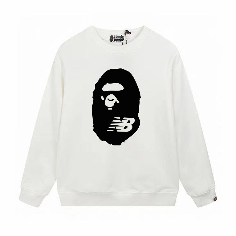 Terry Sweatshirt with Ape Man Letter Print, Unisex, Pure Cotton, Loose Fit, Thin, Crew Neck Pullover Top, Outerwear