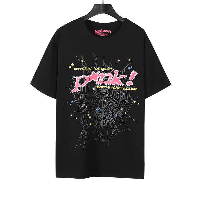 2024 New European and American Fashion Brand Male and Female Couples Wear plus Size Loose SP5-Der Spider Web Printed Short Sleeve T-shirt
