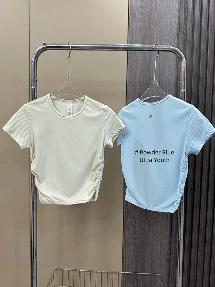 Lulu All It Bare Sensation Yoga Slim Fit Breathable Fitness Sports Short Ribbed Short Sleeve T-Shirt with Side Pleats