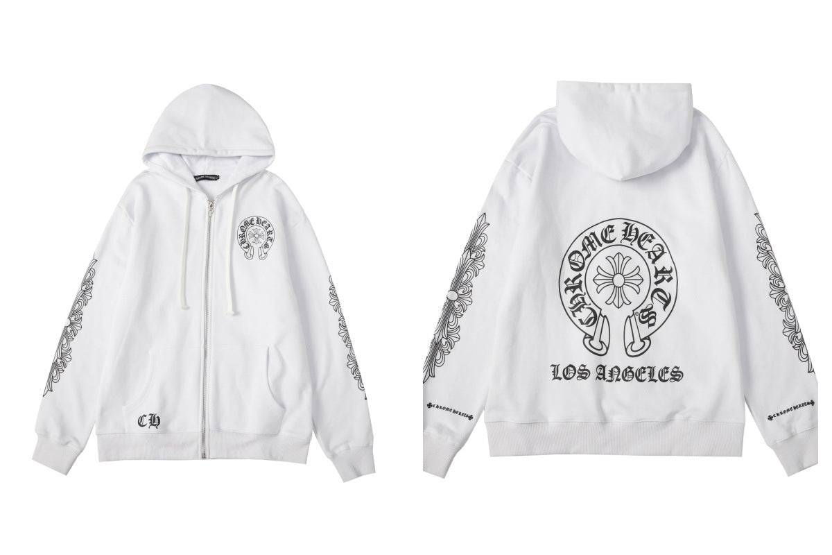 CH Autumn Winter New Cross Scroll Simple Classic Hooded Sweatshirt Zipper Pure Cotton Jacket