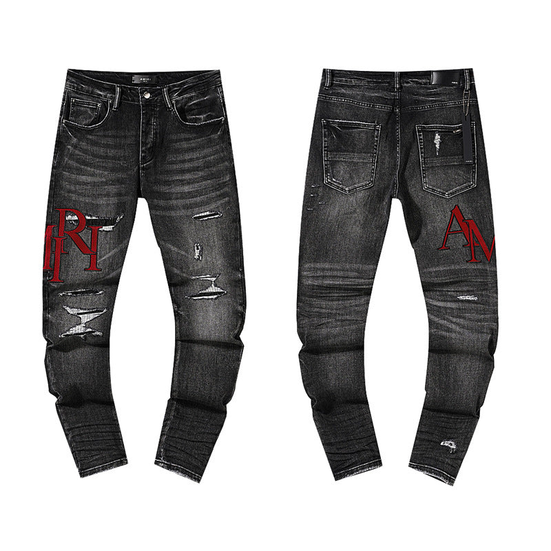 Jeans Washed and Distressed Retro Tattered Jeans Splash Ink Ruffle Handsome and Beautiful Style(2)