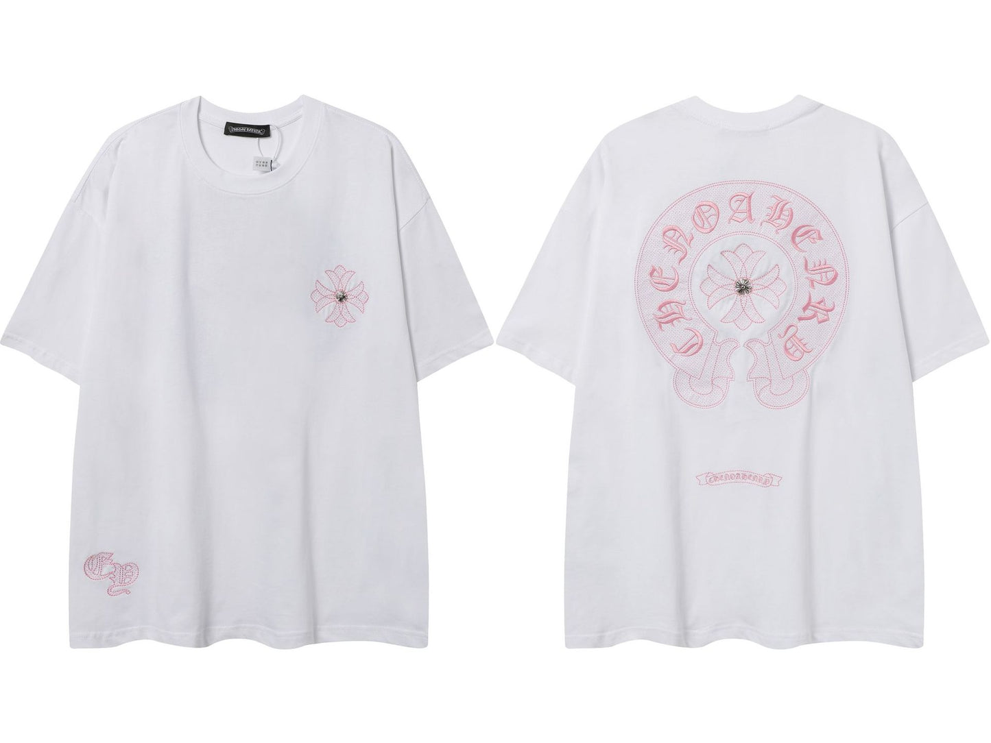 2025 New CHRM Heart Cross Sanskrit Patch Print Embroidery Loose Short Sleeve for Men and Women