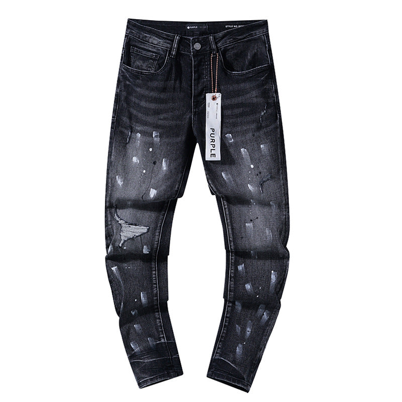 Jeans Washed and Distressed Retro Tattered Jeans Splash Ink Ruffle Handsome and Beautiful Style(2)