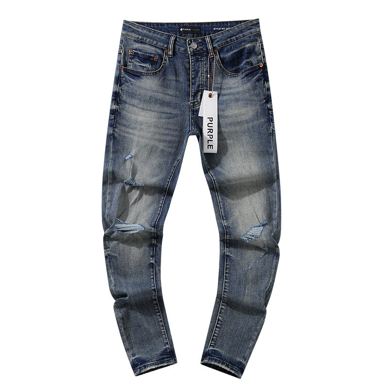 Jeans Washed and Distressed Retro Tattered Jeans Splash Ink Ruffle Handsome and Beautiful Style(2)