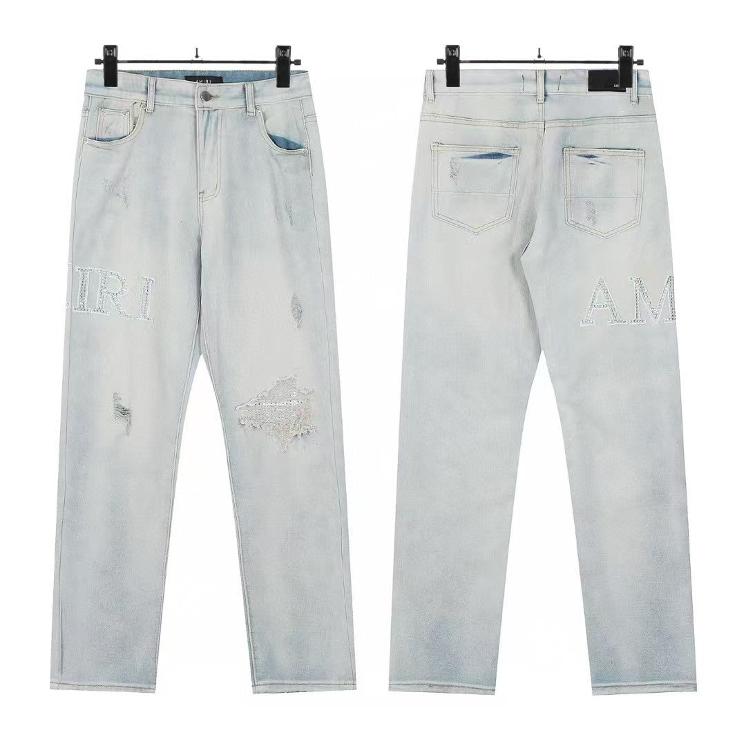 Cross-Border Foreign Trade AM American High Street Ripped Patch Letter Embroidery Washed Slim Straight Skinny Jeans Long Pants