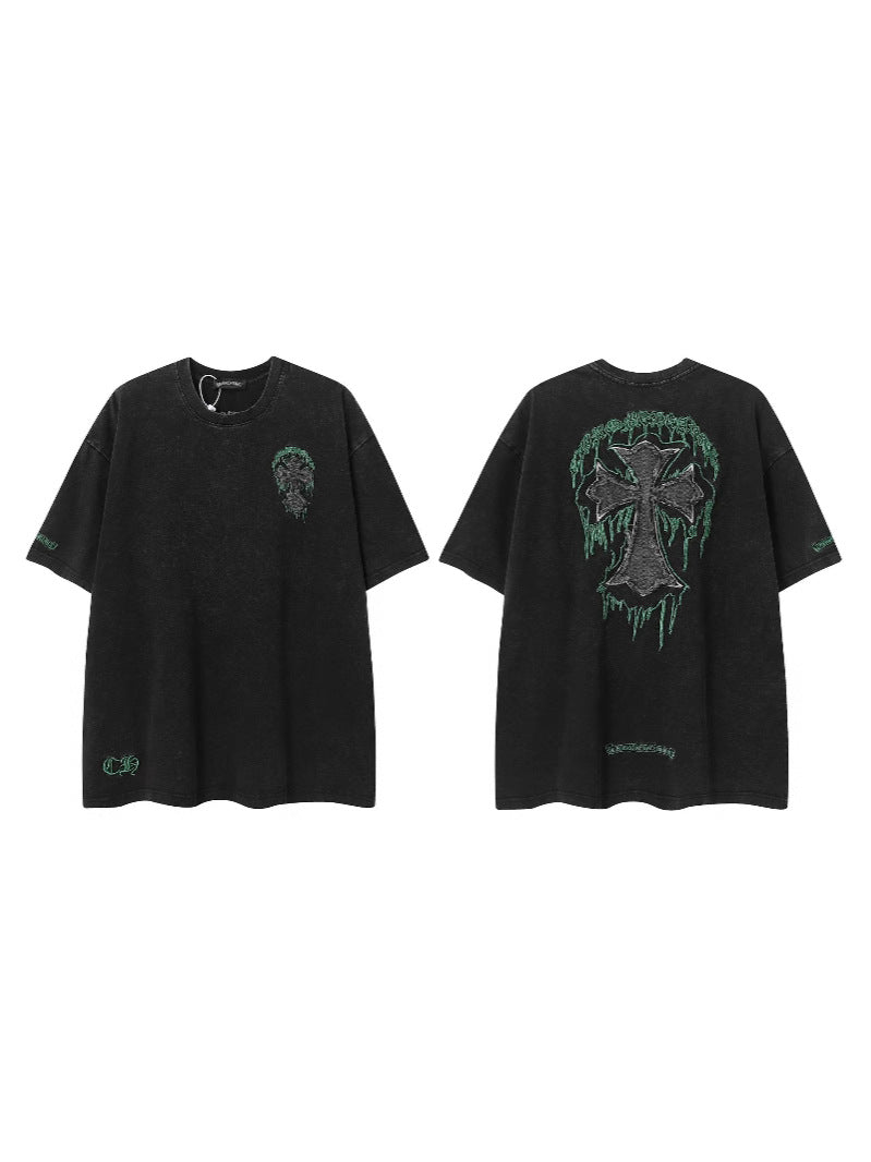 2025 New CHRM Heart Cross Sanskrit Patch Print Embroidery Loose Short Sleeve for Men and Women