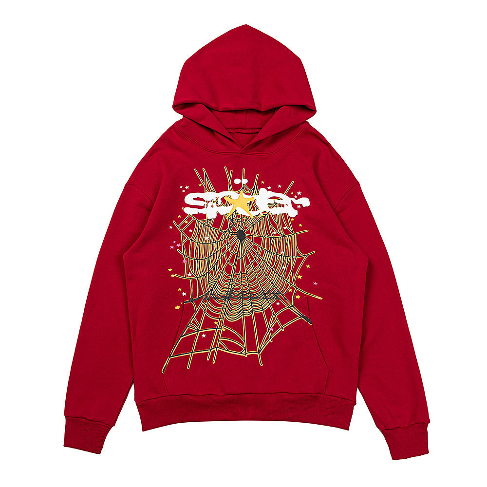Beautiful Fashion Brand Men's and Women's Same Style 555555 Cobweb Puff Print Hip Hop Loose Heavy Terry Hooded Sweater Set(NO  Fleece Lined)