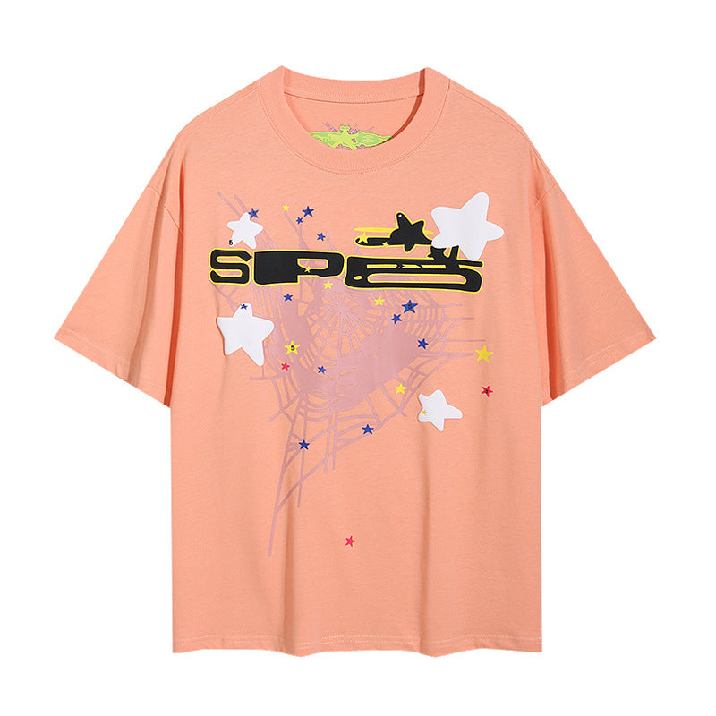 2024 New European and American Fashion Brand Male and Female Couples Wear plus Size Loose SP5-Der Spider Web Printed Short Sleeve T-shirt