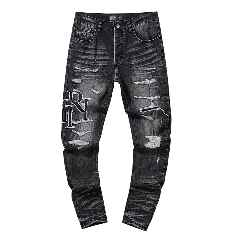 Jeans Washed and Distressed Retro Tattered Jeans Splash Ink Ruffle Handsome and Beautiful Style(2)