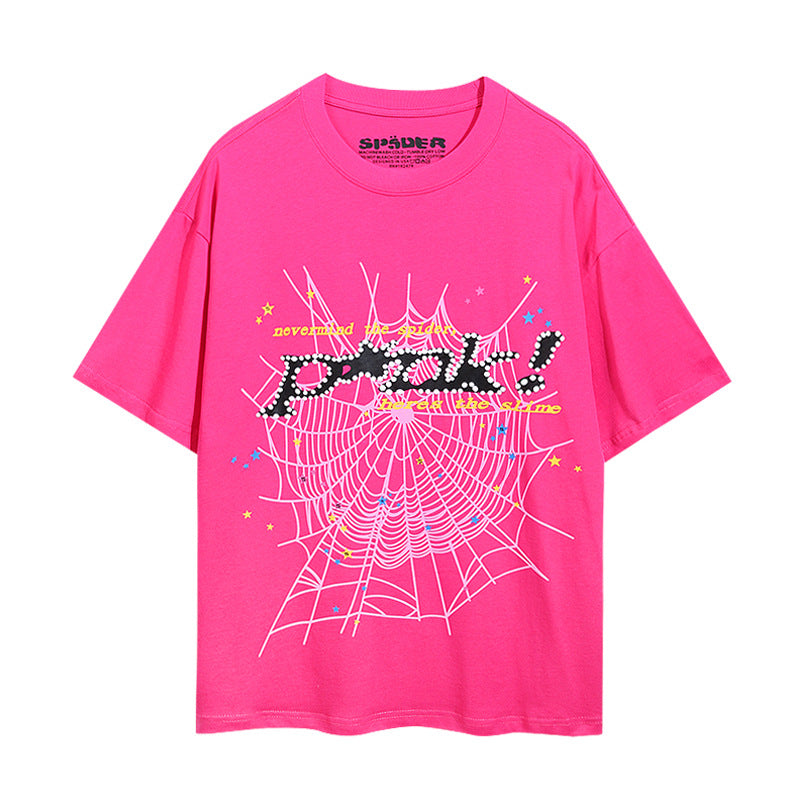 2024 New European and American Fashion Brand Male and Female Couples Wear plus Size Loose SP5-Der Spider Web Printed Short Sleeve T-shirt