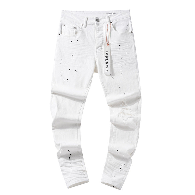 Jeans Washed and Distressed Retro Tattered Jeans Splash Ink Ruffle Handsome and Beautiful Style(2)