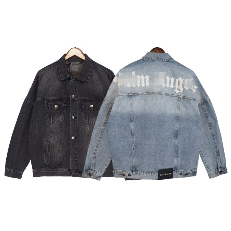 PA Trendy Brand Denim Jacket with Large Letter Logo and Palm Tree Design for Couples