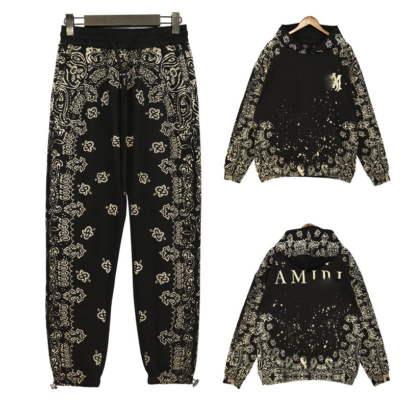 Hooded Sweatshirt Cashew Hoodie Floral Loose Pants Unisex Retro Sports Set Casual Pants Trend