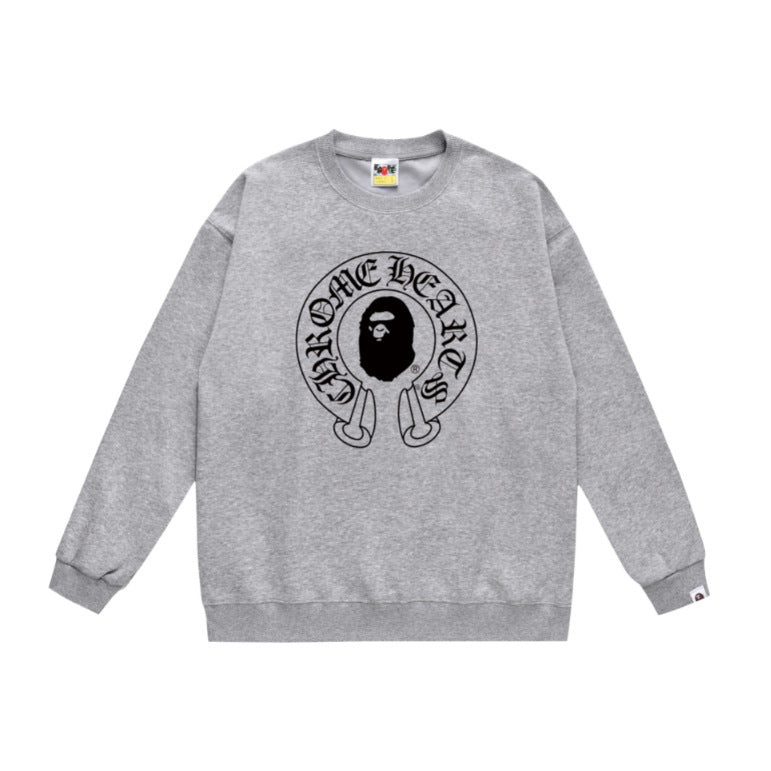 Terry Sweatshirt with Ape Man Letter Print, Unisex, Pure Cotton, Loose Fit, Thin, Crew Neck Pullover Top, Outerwear