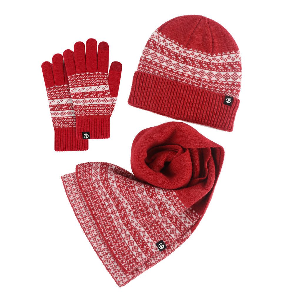 Knitting Hat, Scarf and Gloves Three-Piece Set Winter Warm Suit Windproof Jacquard Scarf 3-Piece Set