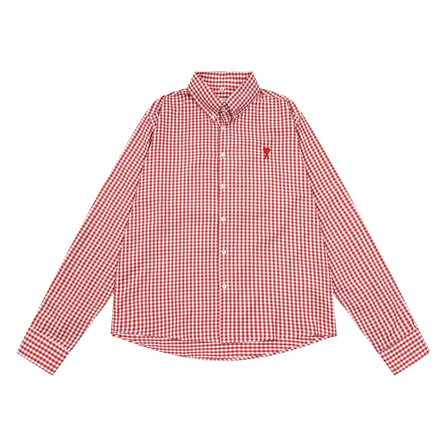 Trendy Brand Am* Small Heart Embroidered Shirt Casual Loose Fit Unisex Couple Style Amy Cotton Long Sleeve Top(2)