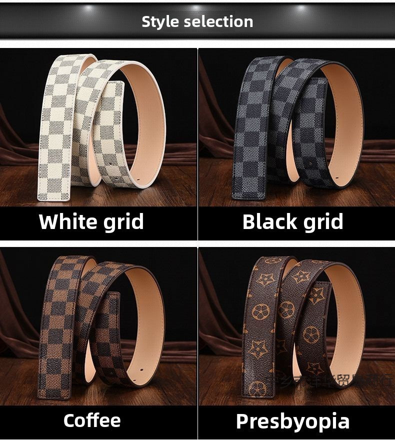 New Men's Belt Smooth Buckle Waist Belt Letter Youth Plaid Pattern Belt Korean Style Trendy Casual Versatile